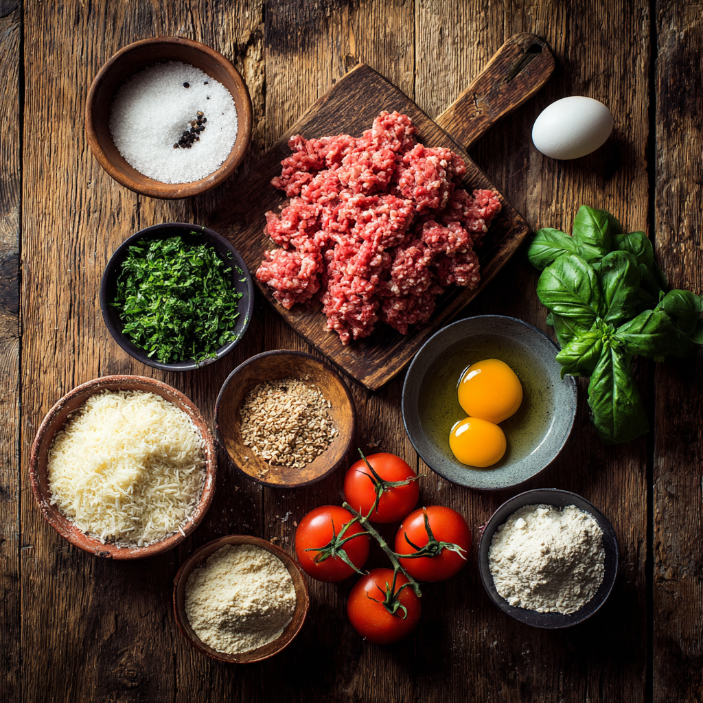 Fresh ingredients for Gordon Ramsay meatballs and spaghetti on a kitchen counter