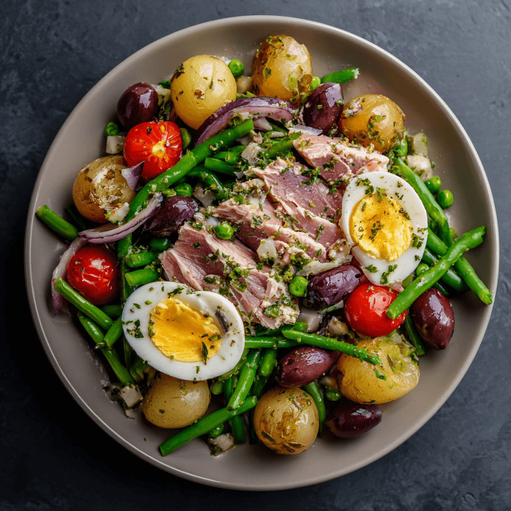 Gordon Ramsay Tuna Nicoise Salad with seared tuna, eggs, and fresh vegetables arranged on white plate