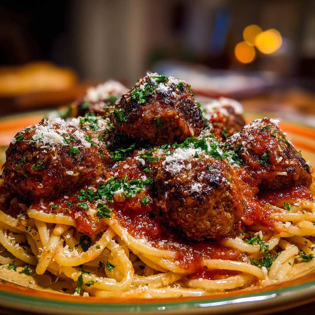 Gordon Ramsay meatballs served on spaghetti with basil and parmesan