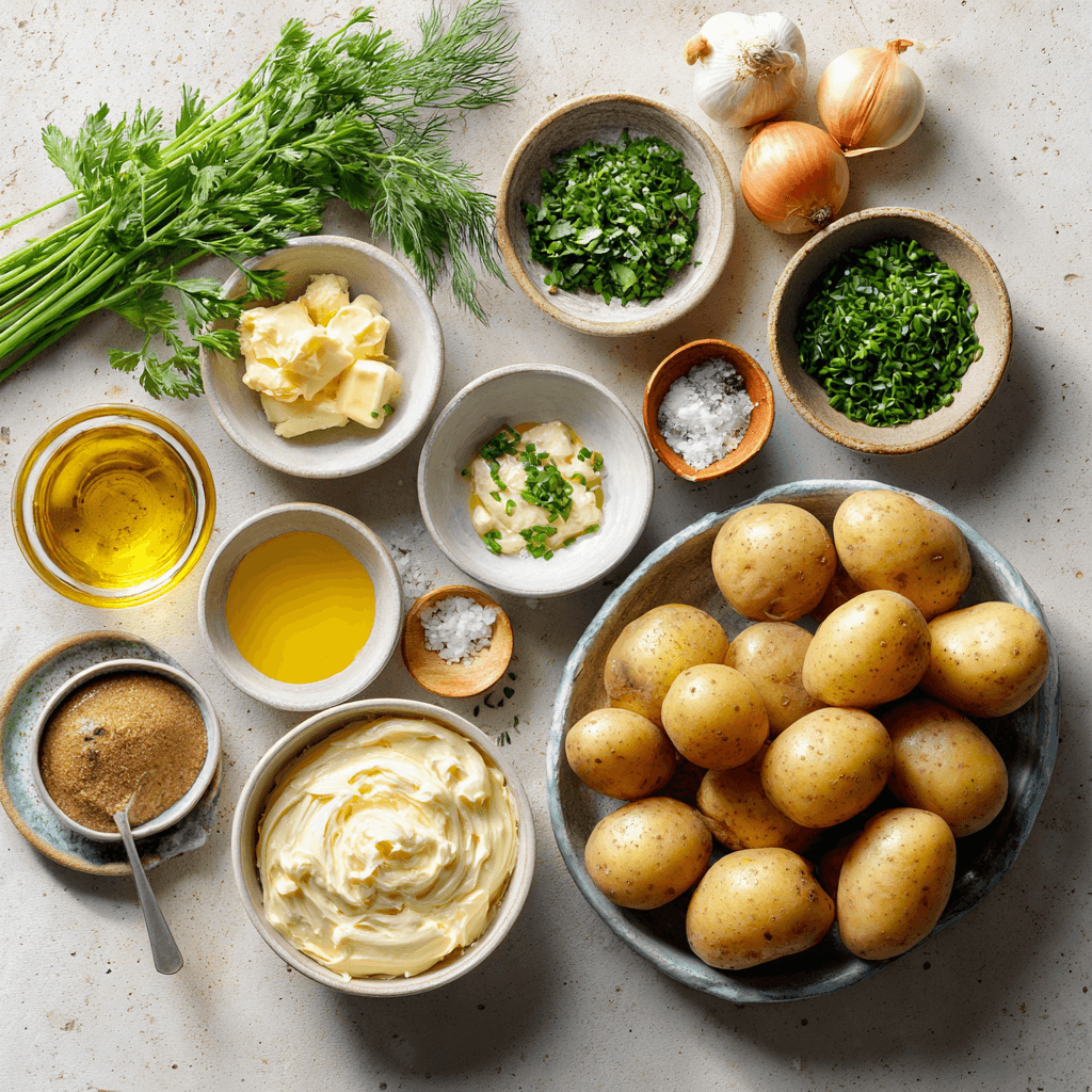 Gordon Ramsay potato salad ingredients arranged on marble counter including potatoes, herbs, and seasonings