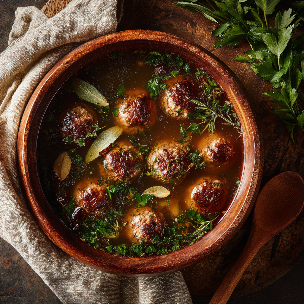 Gordon Ramsay style meatball soup in rustic bowl with perfectly cooked meatballs in rich broth