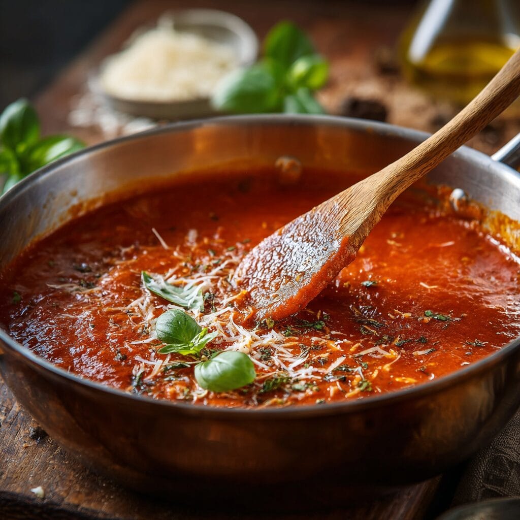 Gordon Ramsay style tomato butter sauce being stirred in professional pan with fresh herbs