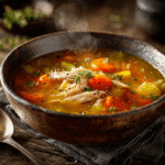 Bowl of Gordon Ramsay turkey soup with tender turkey chunks and vegetables in rich golden broth