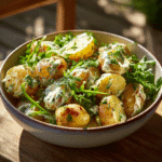 Gordon Ramsay potato salad recipe with golden potatoes, fresh herbs, and creamy dressing in wooden bowl