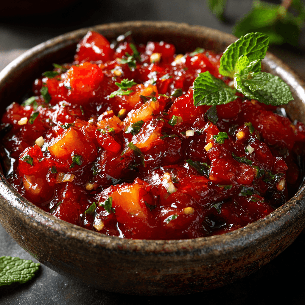 Gordon Ramsay style tomato relish with perfect chunky consistency in ceramic bowl