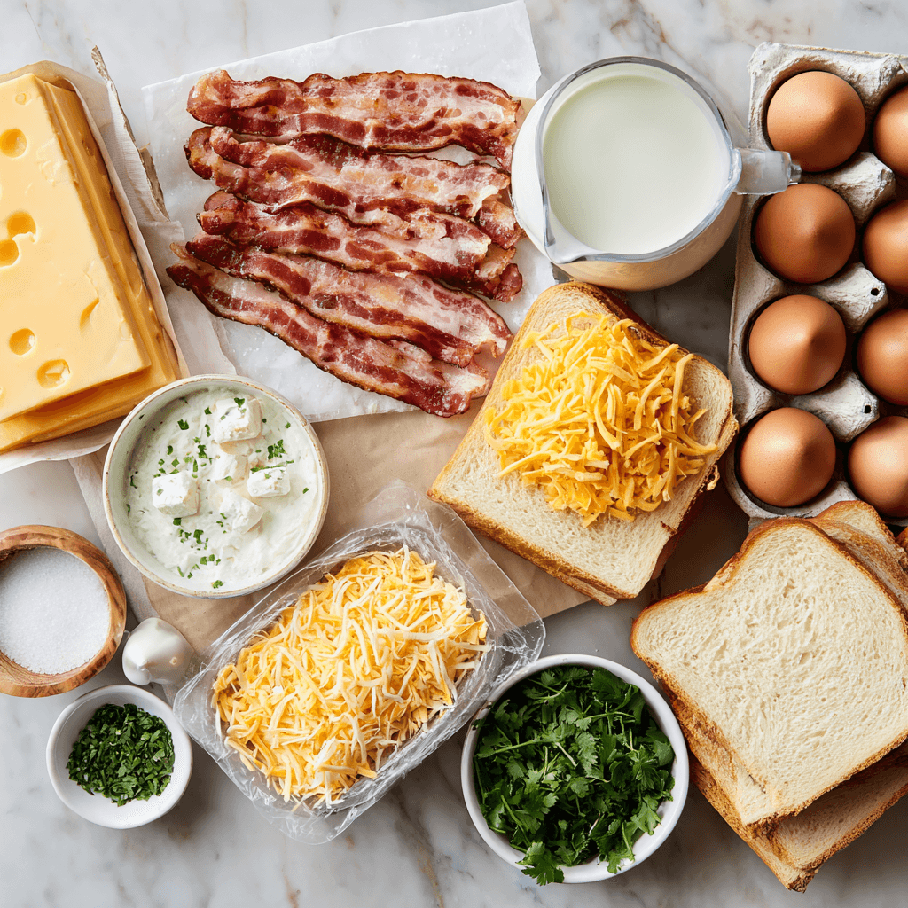 Ingredients for Gordon Ramsay breakfast casserole laid out on marble counter