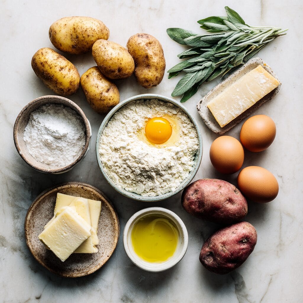 Fresh ingredients for Gordon Ramsay gnocchi recipe arranged on marble counter