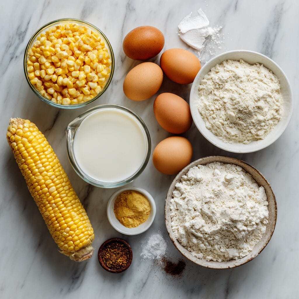 Fresh ingredients for Gordon Ramsay sweetcorn fritters recipe arranged on marble counter