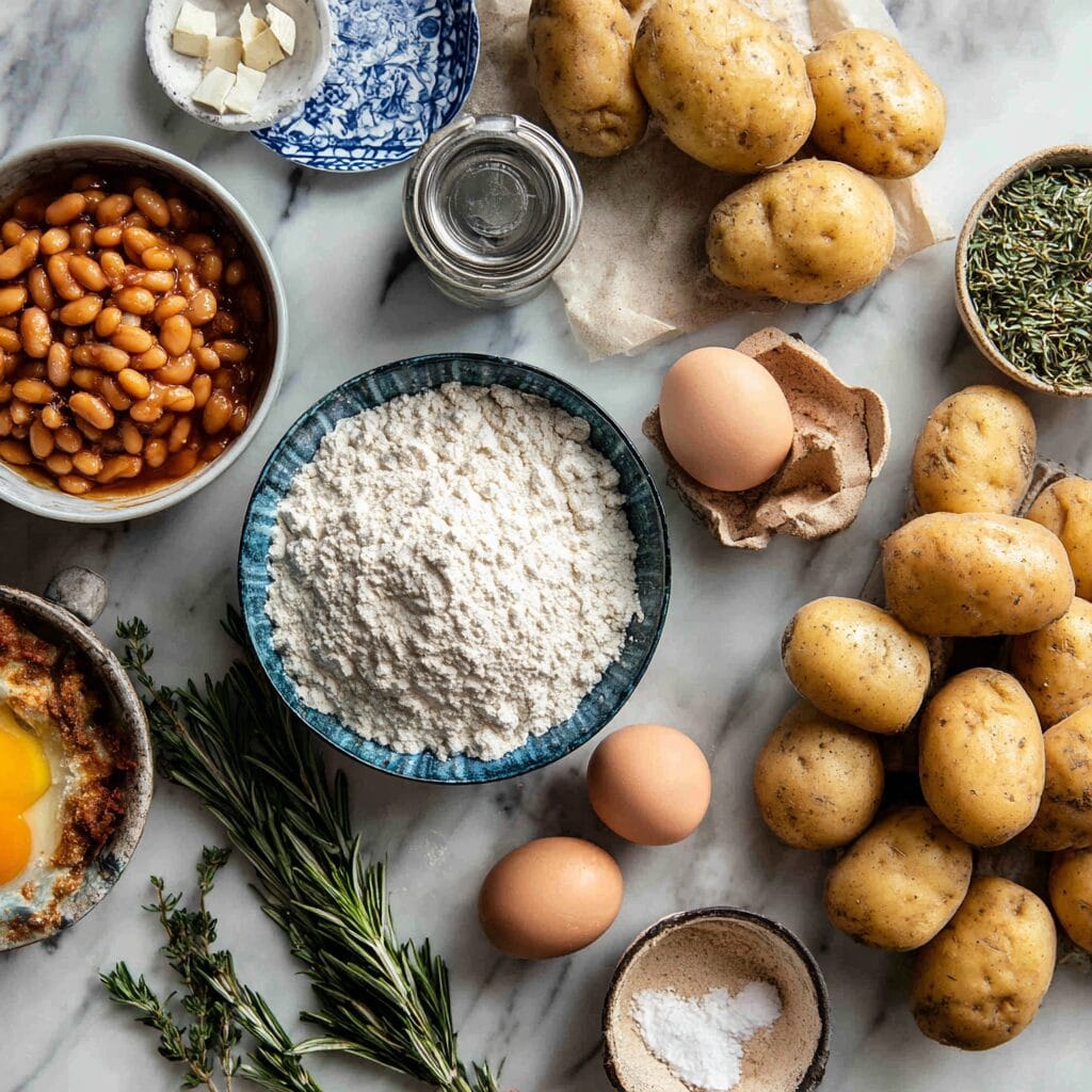 Fresh ingredients for Gordon Ramsay beans and potato cakes recipe including potatoes and baked beans