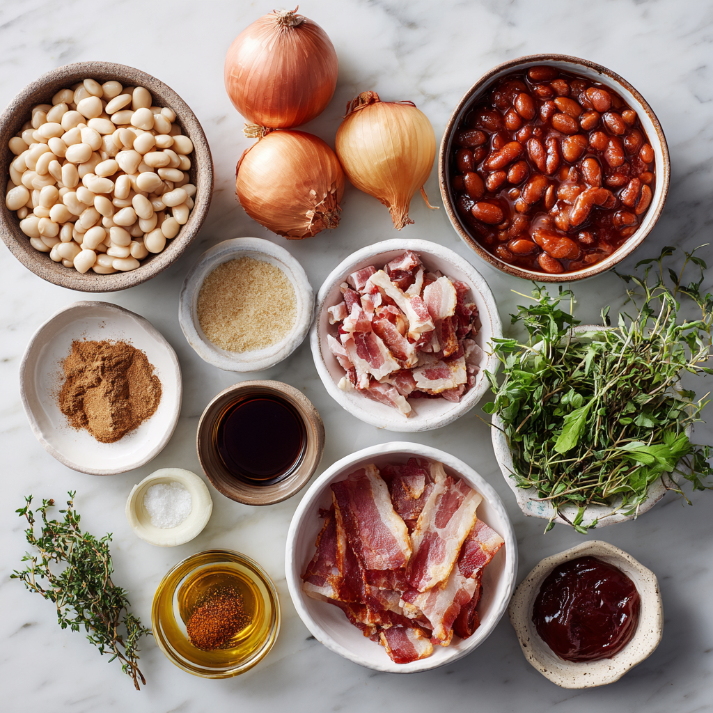 Ingredients for Gordon Ramsay baked beans recipe laid out on marble surface