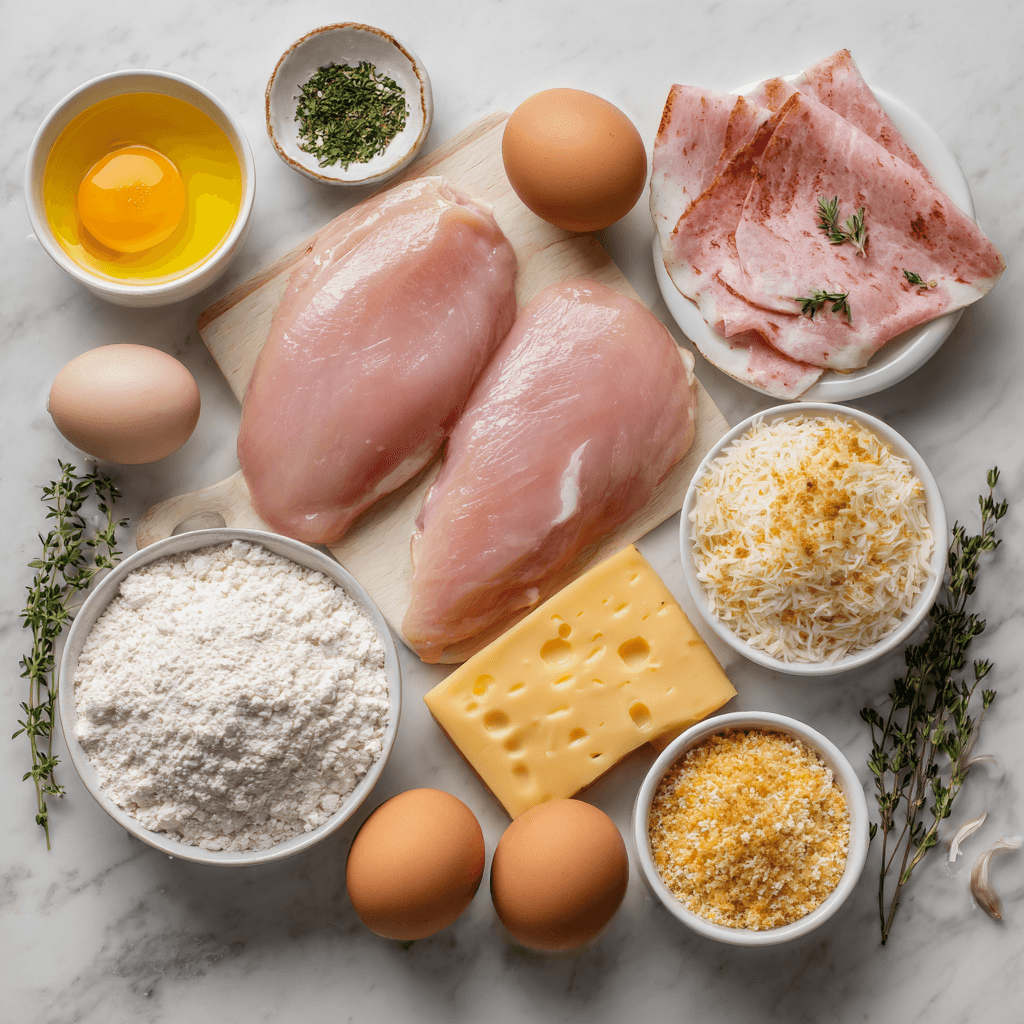 Fresh ingredients for Gordon Ramsay cordon bleu recipe laid out on kitchen counter