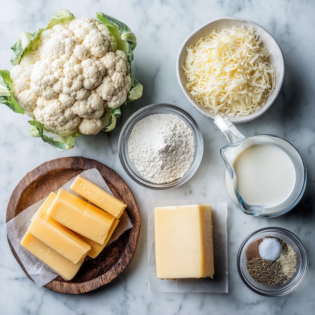 Fresh ingredients for Gordon Ramsay cauliflower cheese recipe arranged on marble surface