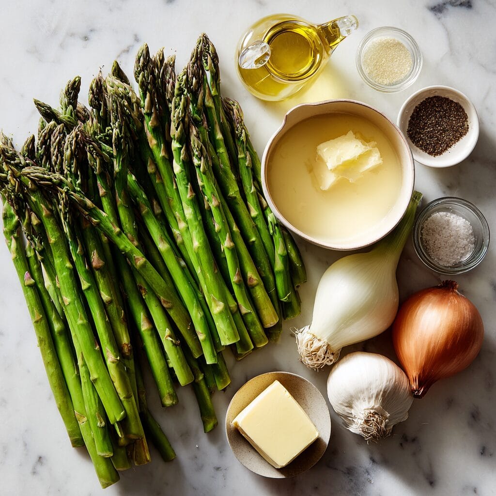 Fresh ingredients for Gordon Ramsay asparagus soup including asparagus spears and cream