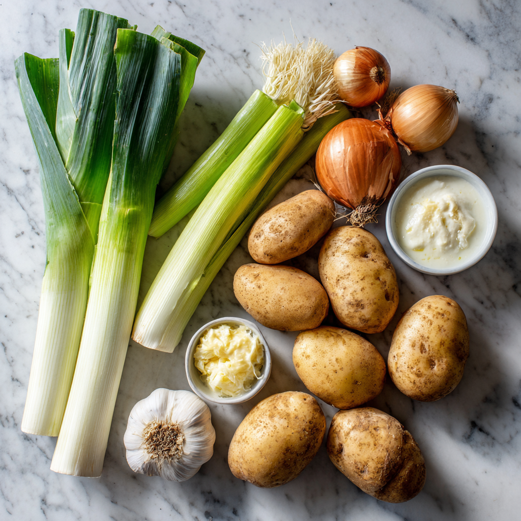 Fresh leeks, potatoes, and ingredients for Gordon Ramsay leek and potato soup recipe