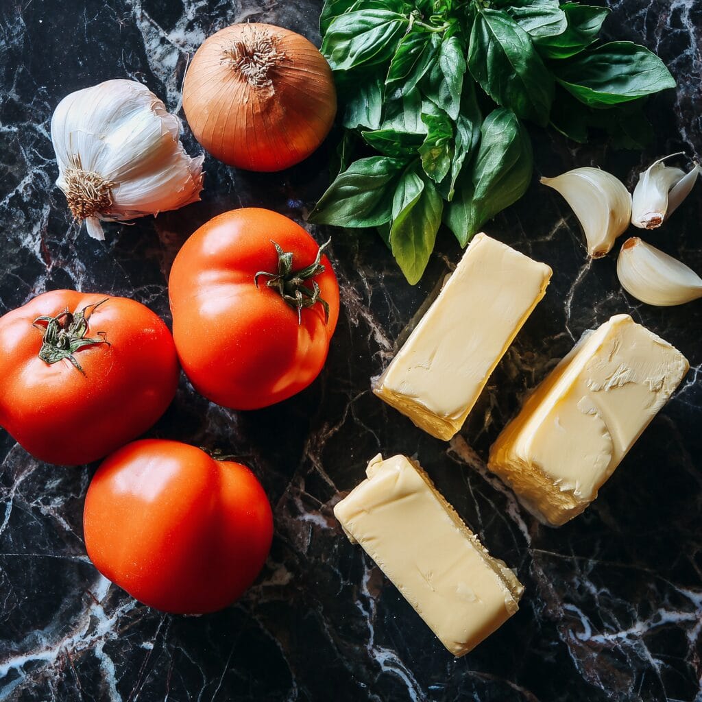 Fresh ingredients for Gordon Ramsay tomato butter sauce recipe laid out on marble counter