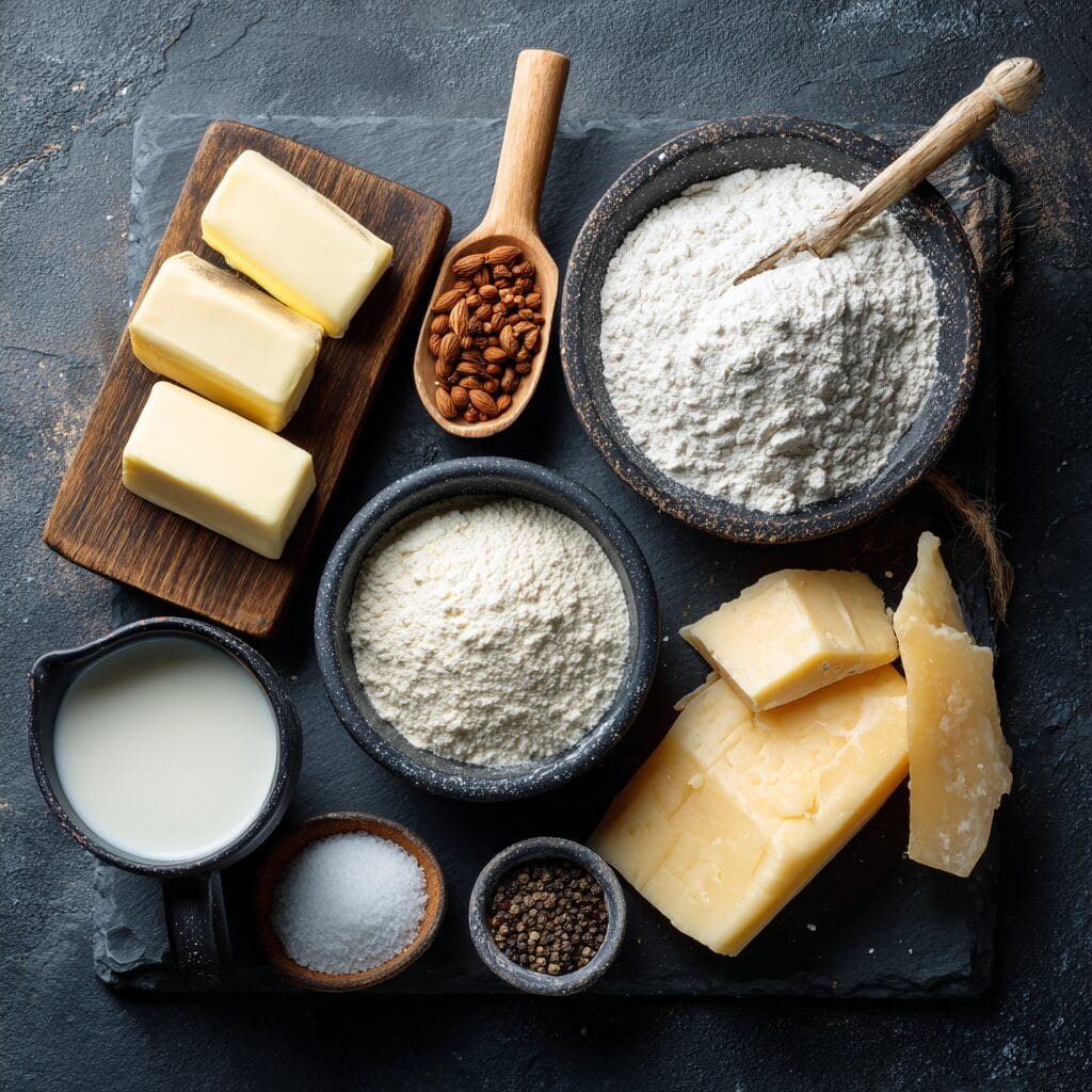Fresh ingredients for Gordon Ramsay Mornay sauce recipe laid out on dark slate surface