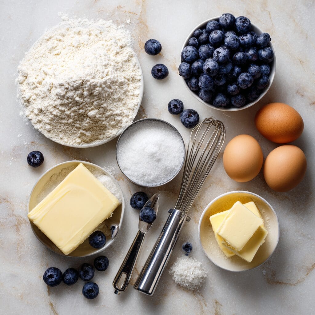 Fresh ingredients for Gordon Ramsay blueberry muffins recipe laid out on marble counter