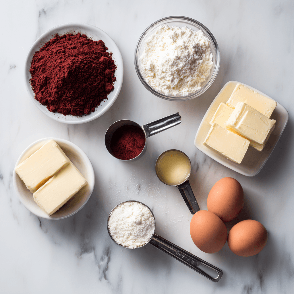 Red velvet brownie ingredients laid out for Gordon Ramsay recipe preparation