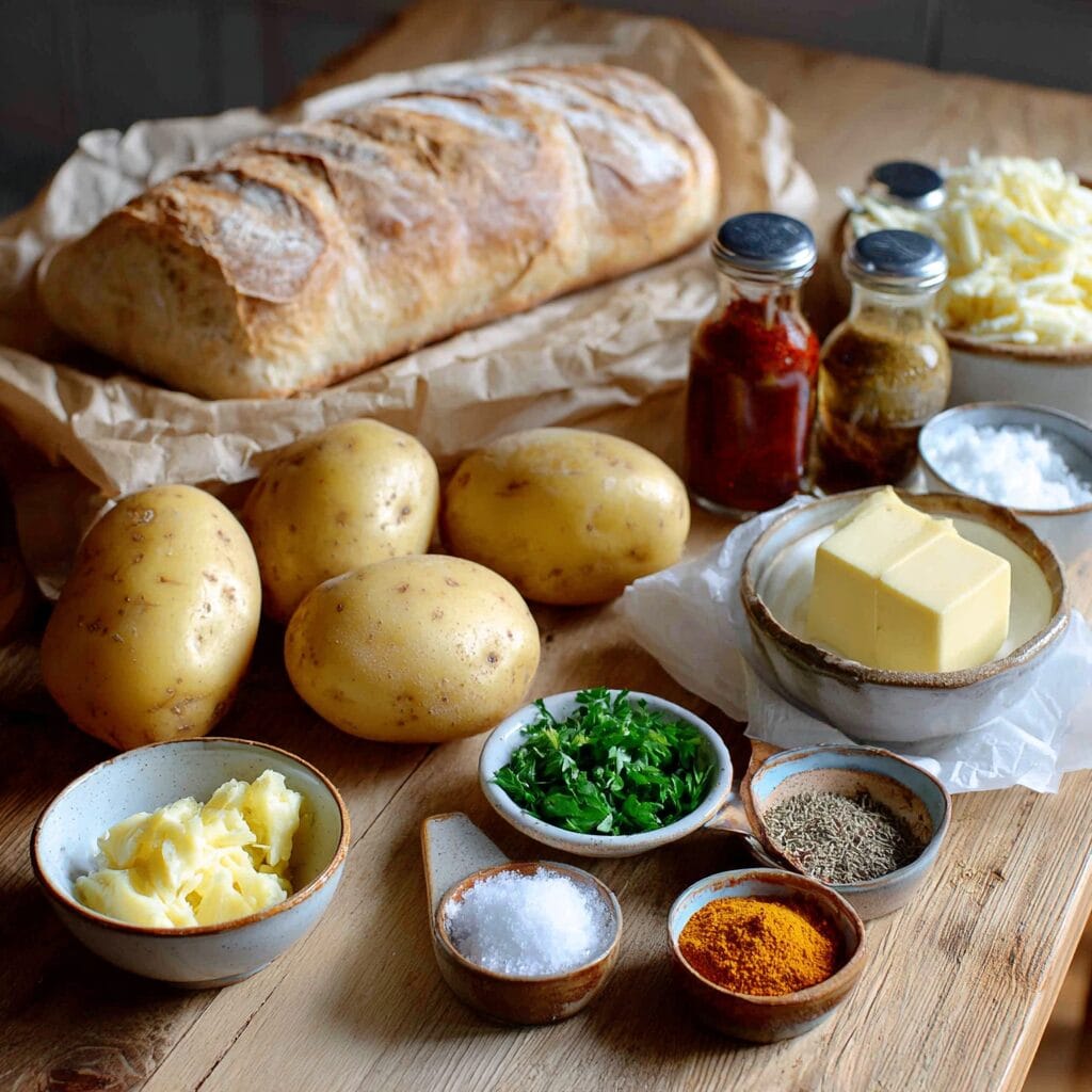 Fresh ingredients for Gordon Ramsay chip butty recipe including bread, potatoes, butter and seasonings