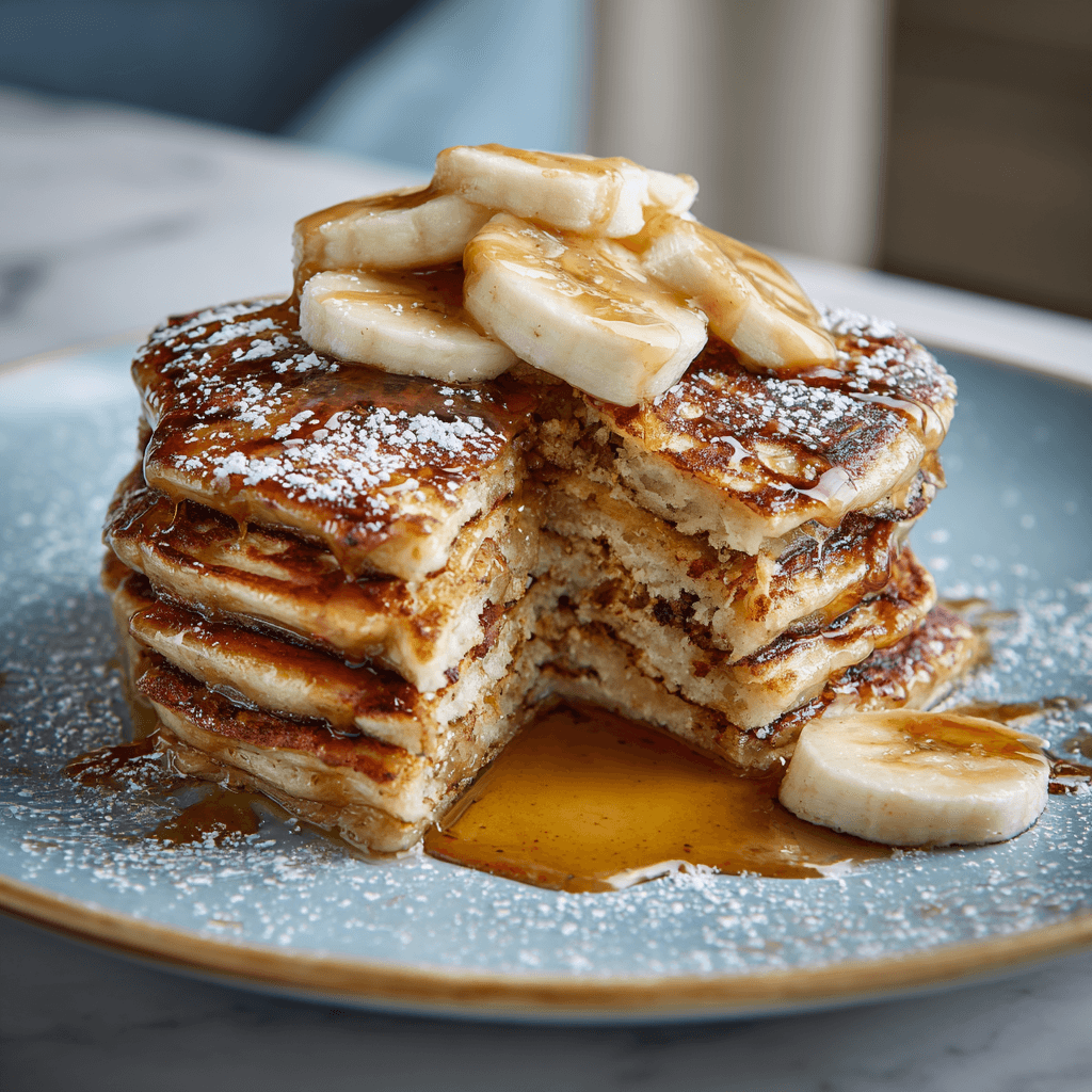Gordon Ramsay style banana pancakes stacked with fresh bananas and syrup