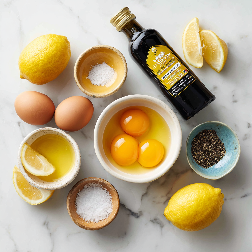 Essential ingredients for Gordon Ramsay mayonnaise recipe including egg yolks, olive oil, and seasonings