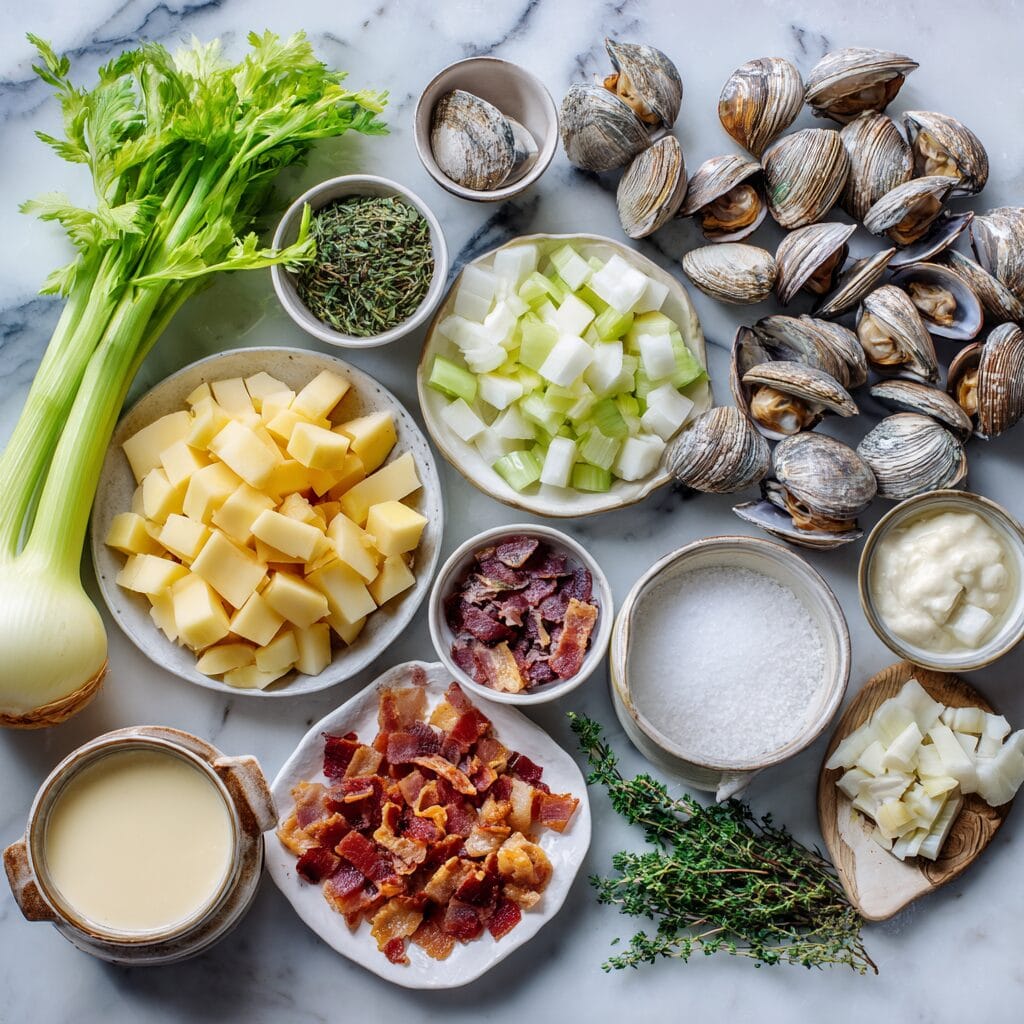 Fresh ingredients for Gordon Ramsay clam chowder recipe including clams, vegetables, and dairy