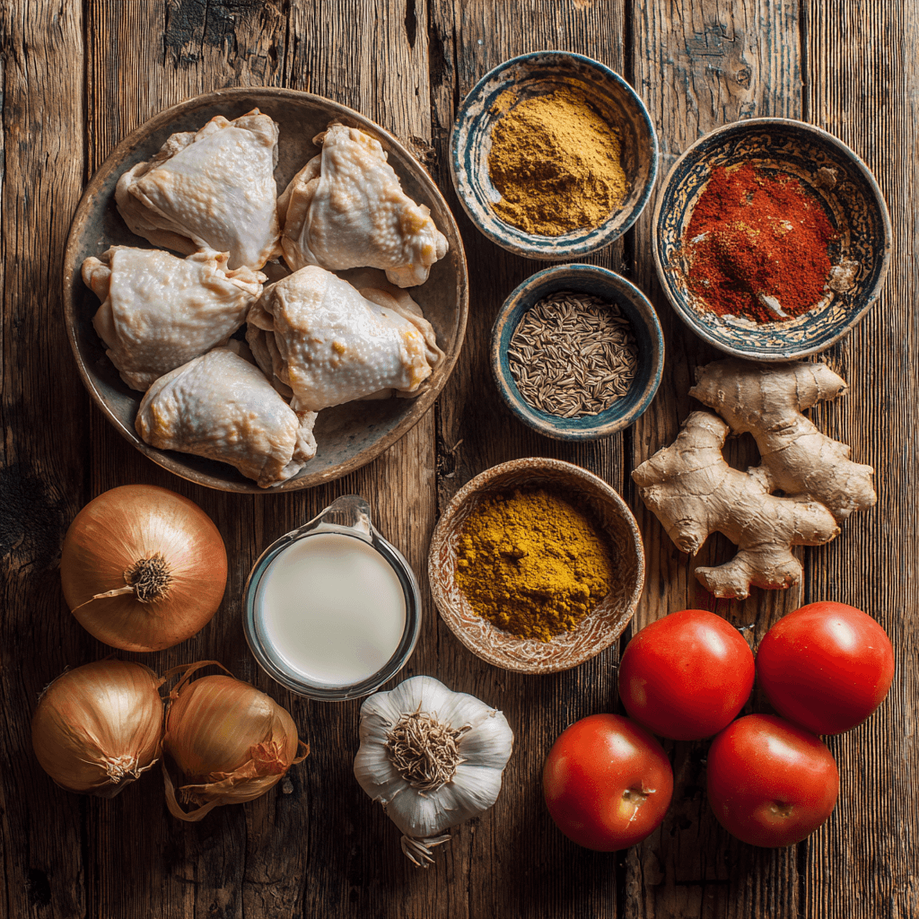 Fresh ingredients for Gordon Ramsay slow cooker chicken curry recipe including spices and vegetables