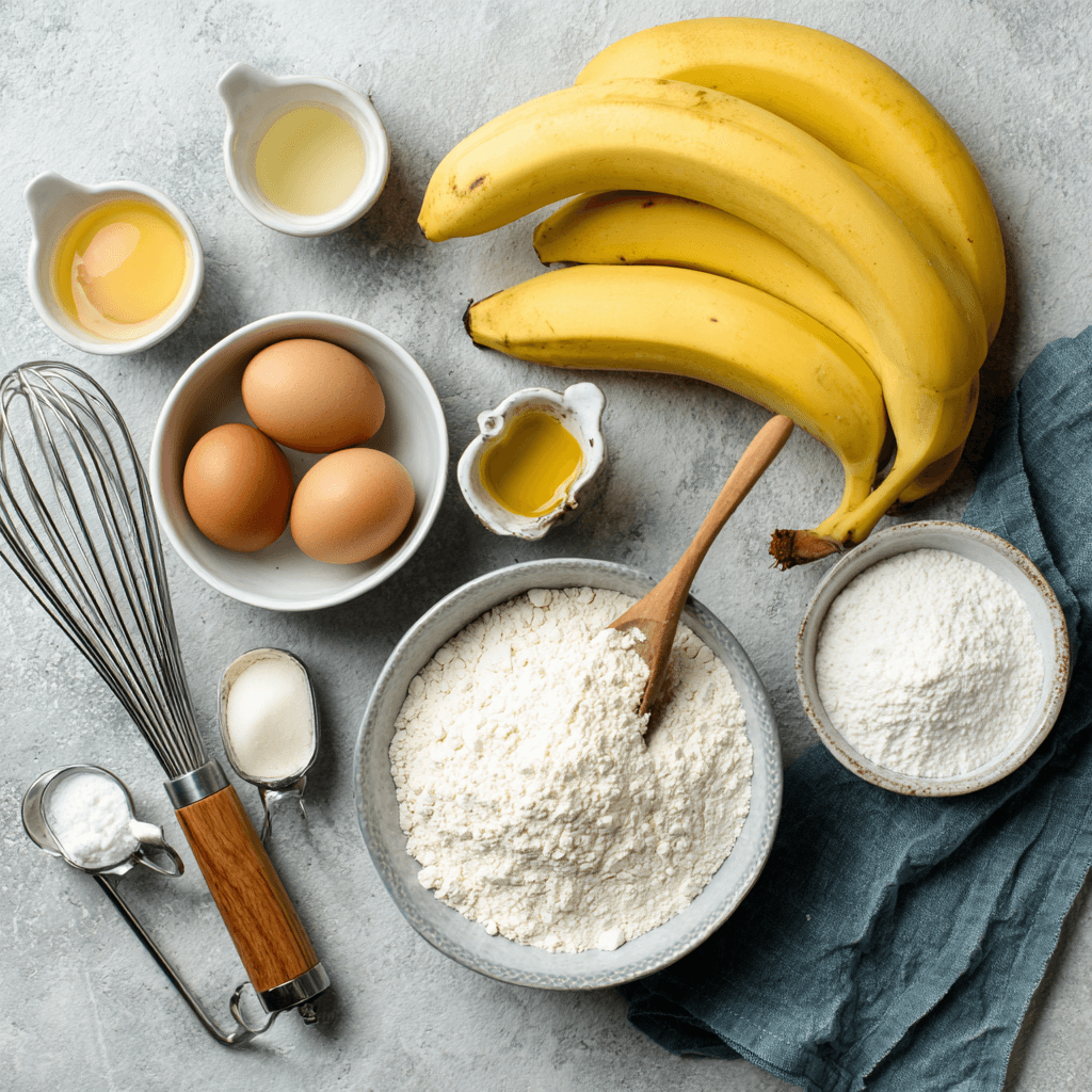 Ingredients for Gordon Ramsay banana pancakes recipe arranged on kitchen counter
