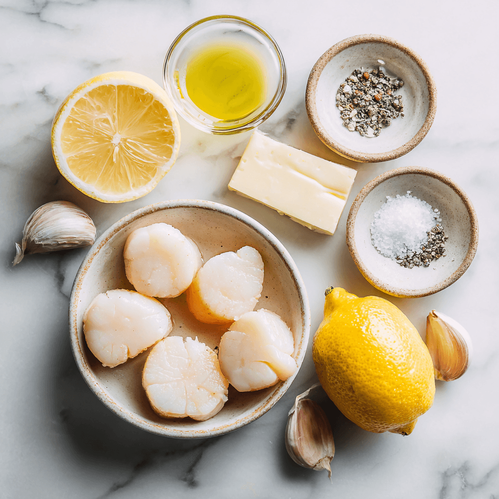 Fresh ingredients for Gordon Ramsay pan-seared scallops recipe including sea scallops and seasonings