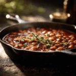 Gordon Ramsay baked beans in cast iron skillet with rich sauce and fresh herbs
