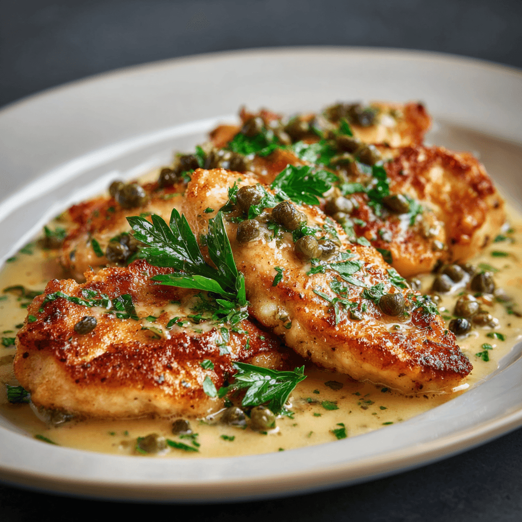 Gordon Ramsay Chicken Piccata with golden chicken cutlets in creamy lemon caper sauce on white plate
