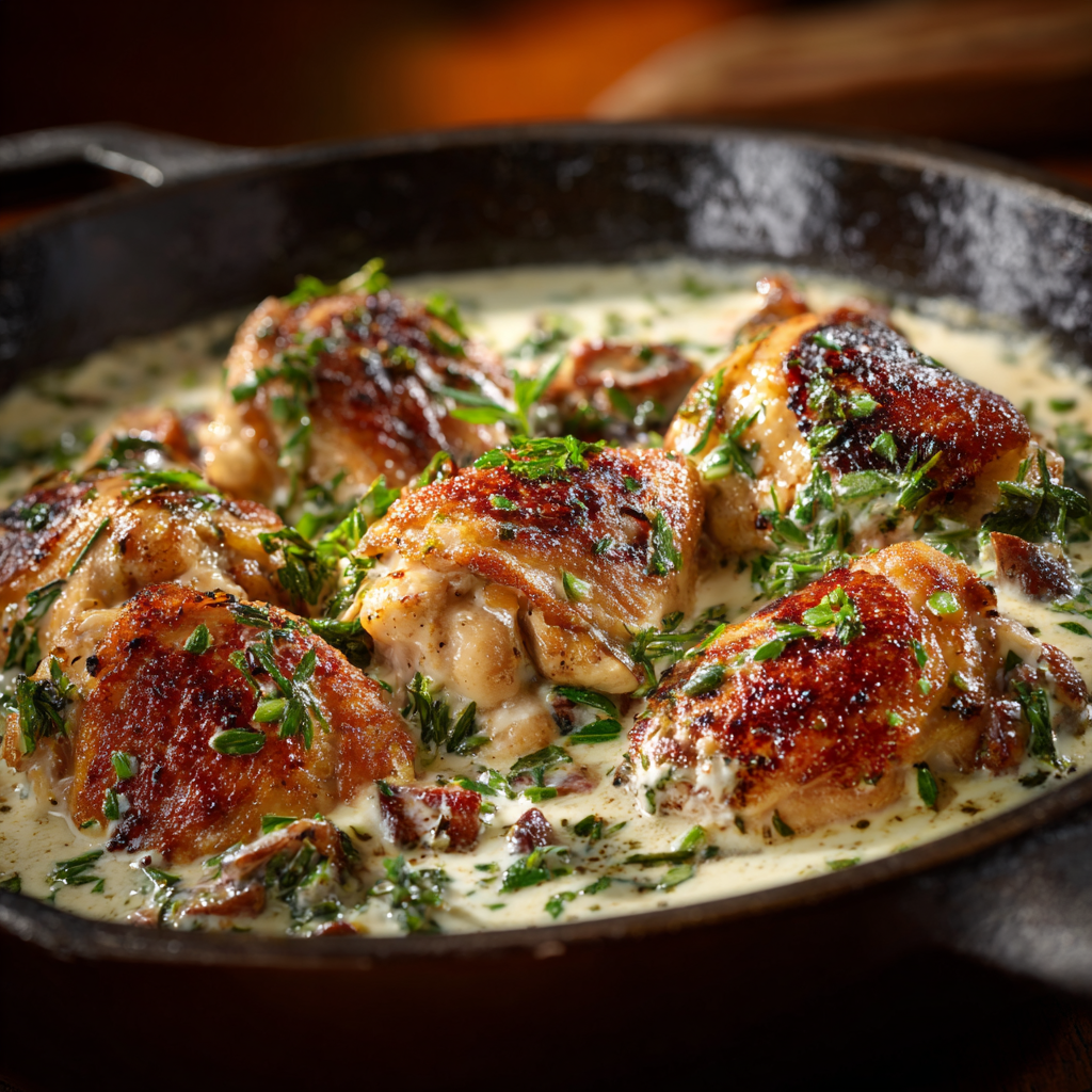 Gordon Ramsay chicken fricassee recipe served in cast iron skillet with creamy sauce and herbs