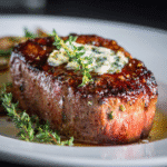 Gordon Ramsay filet mignon with perfect sear and pink center on white plate
