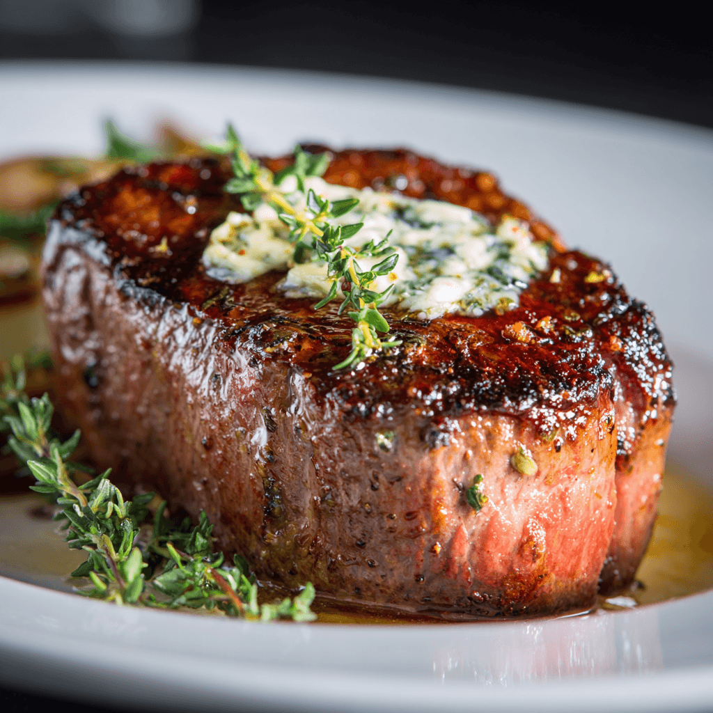 Gordon Ramsay filet mignon with perfect sear and pink center on white plate
