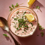 Homemade Gordon Ramsay Marie Rose sauce in glass bowl with fresh garnish