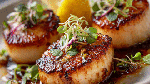 Gordon Ramsay style pan-seared scallops with golden crust and restaurant plating