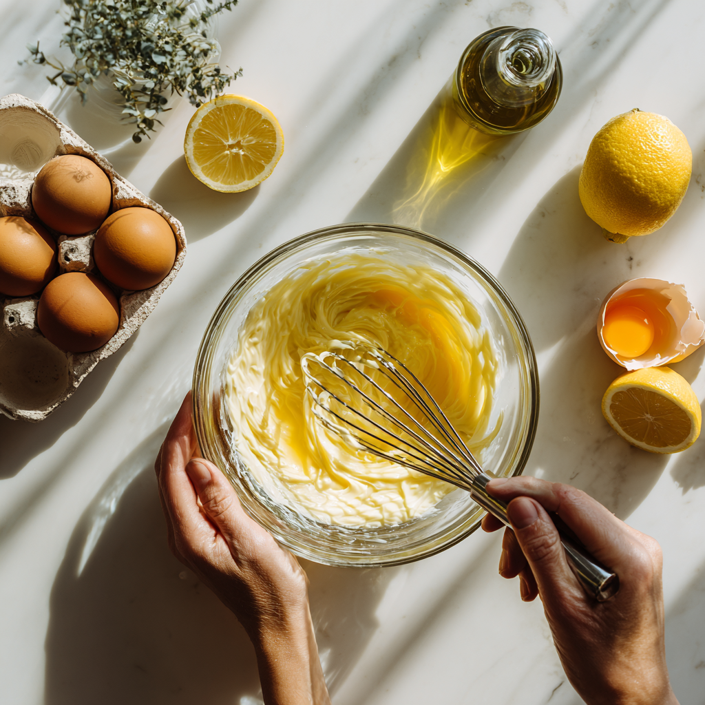Step-by-step Gordon Ramsay mayonnaise preparation showing whisking technique and ingredients