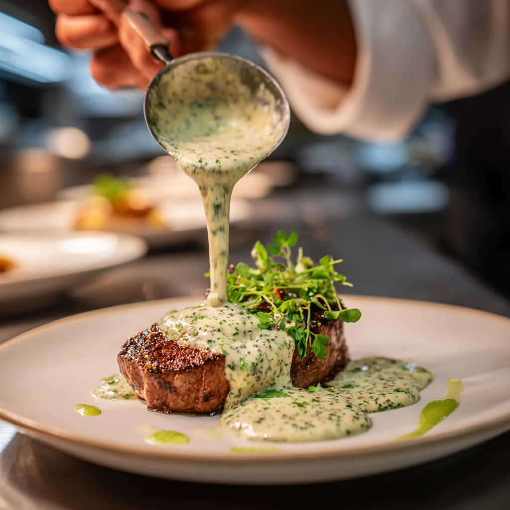 Gordon Ramsay green peppercorn sauce drizzled over steak with professional presentation