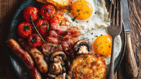 Complete Gordon Ramsay full English breakfast with bacon, sausages, black pudding, eggs, beans, tomatoes, mushrooms and hash browns on white plate