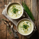 Gordon Ramsay style leek and potato soup served in white bowls with chive garnish