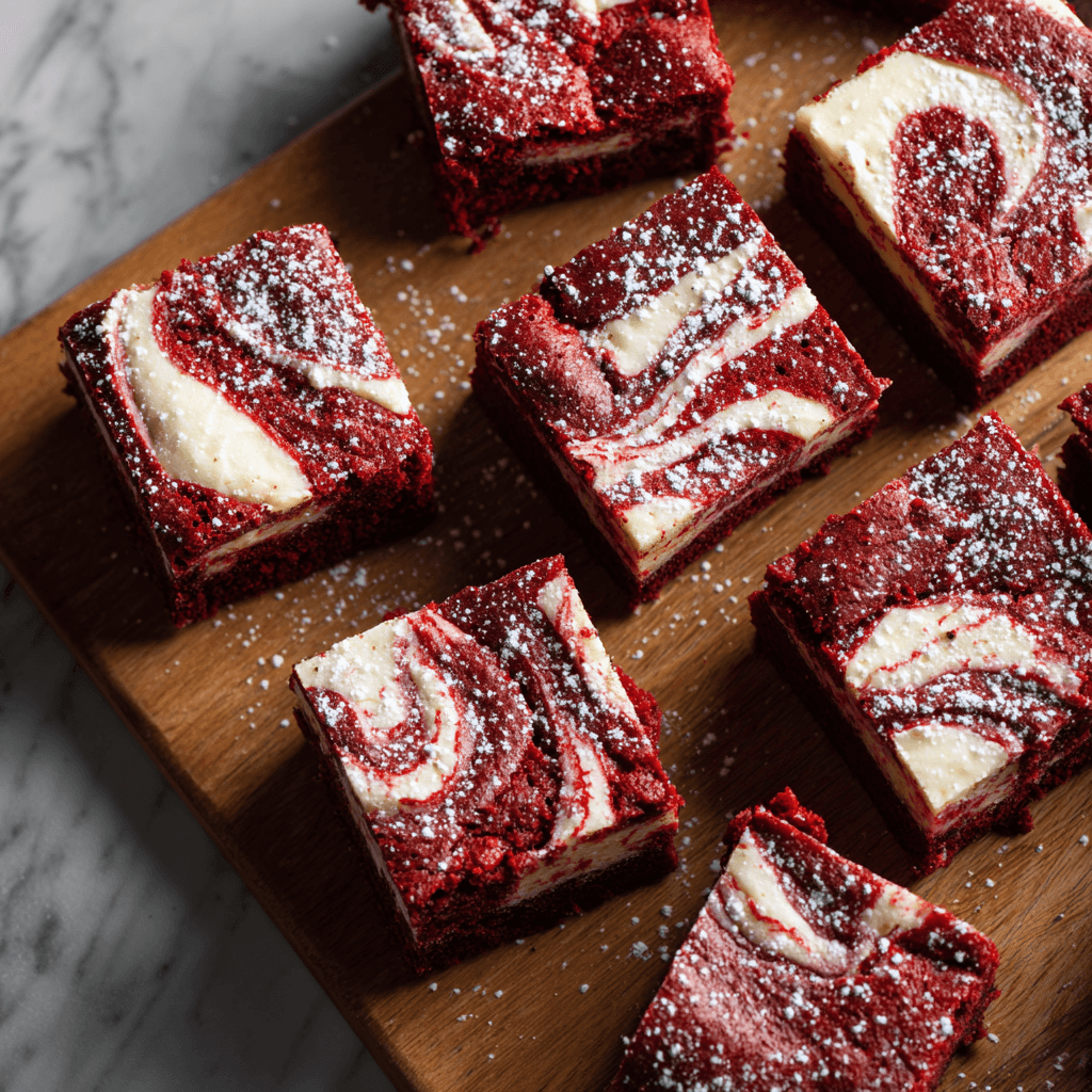 Gordon Ramsay style red velvet brownies with cream cheese swirl on marble cutting board