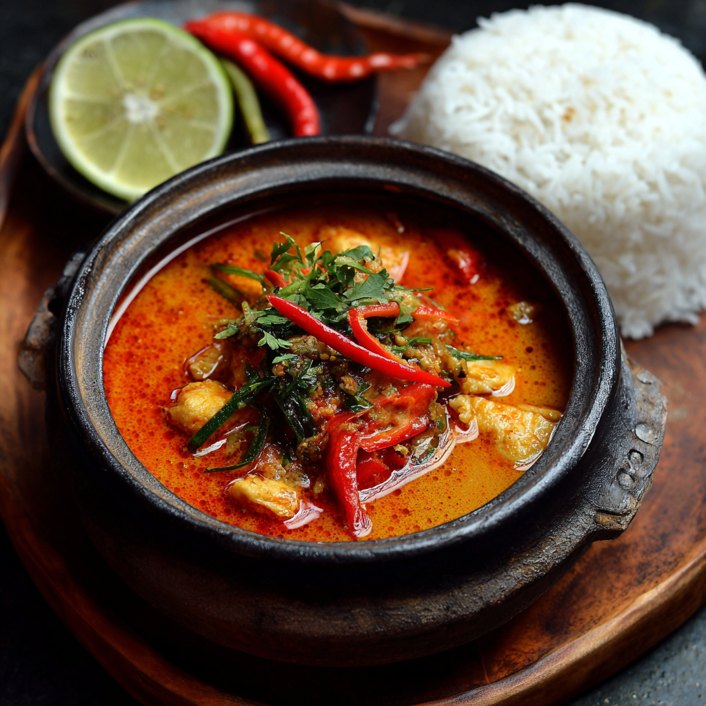 Gordon Ramsay Thai red curry with chicken and vegetables in authentic presentation