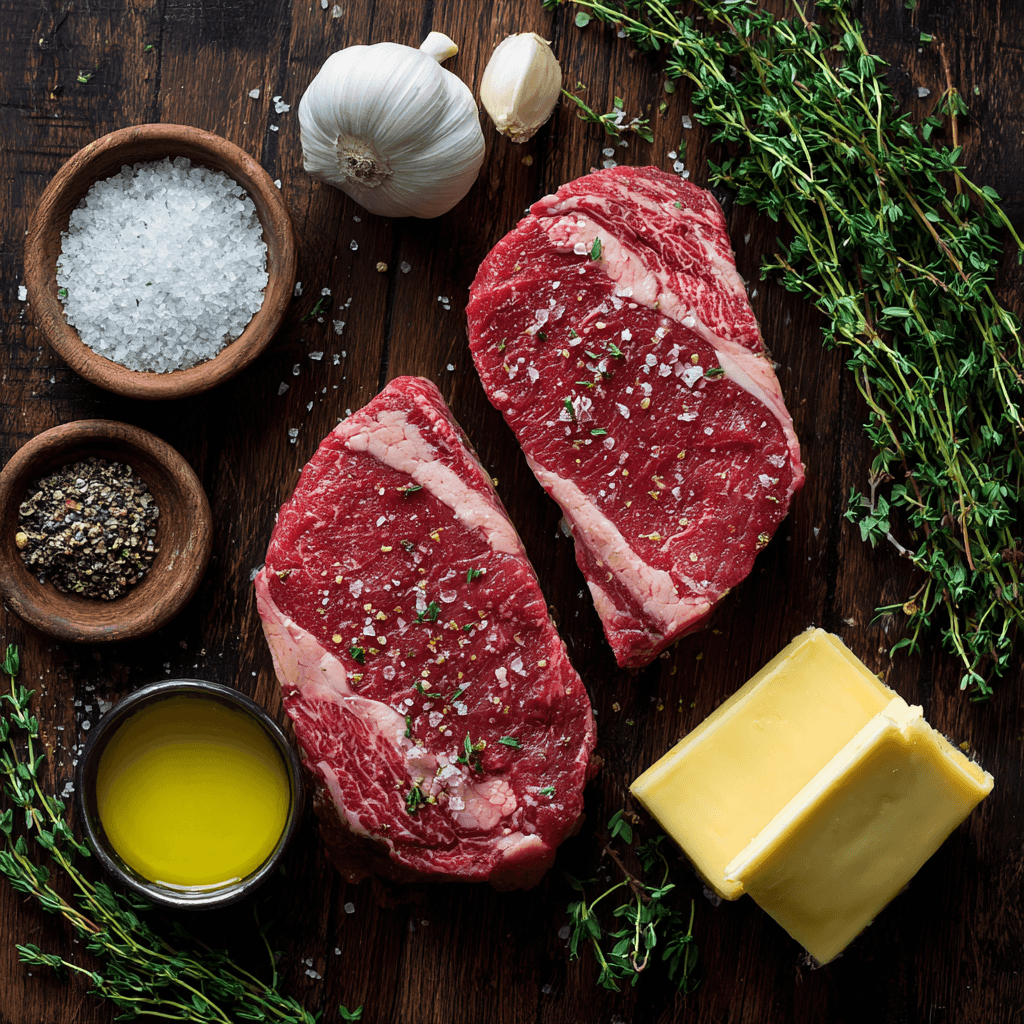 Raw ribeye steaks and seasonings for Gordon Ramsay barbecue steak recipe