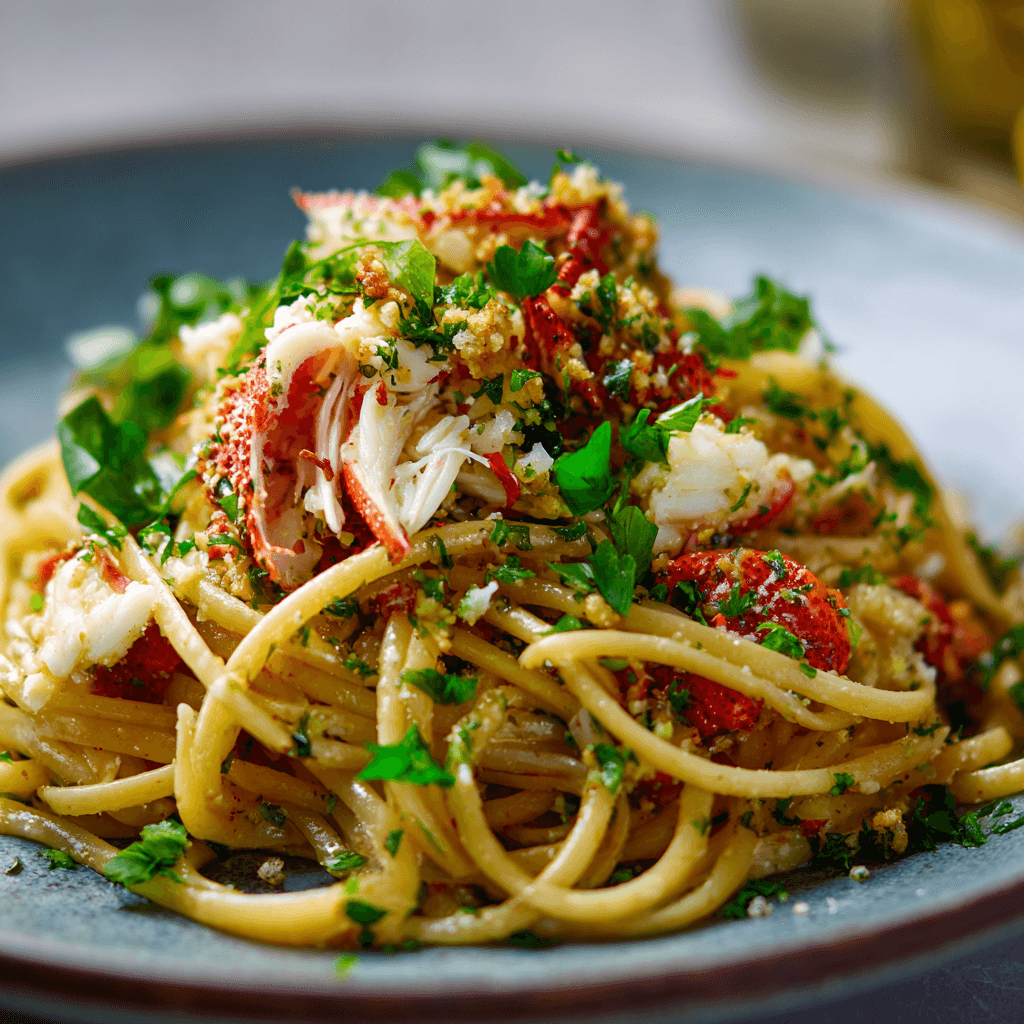 Close-up of finished Gordon Ramsay Crab linguine plated and ready to serve