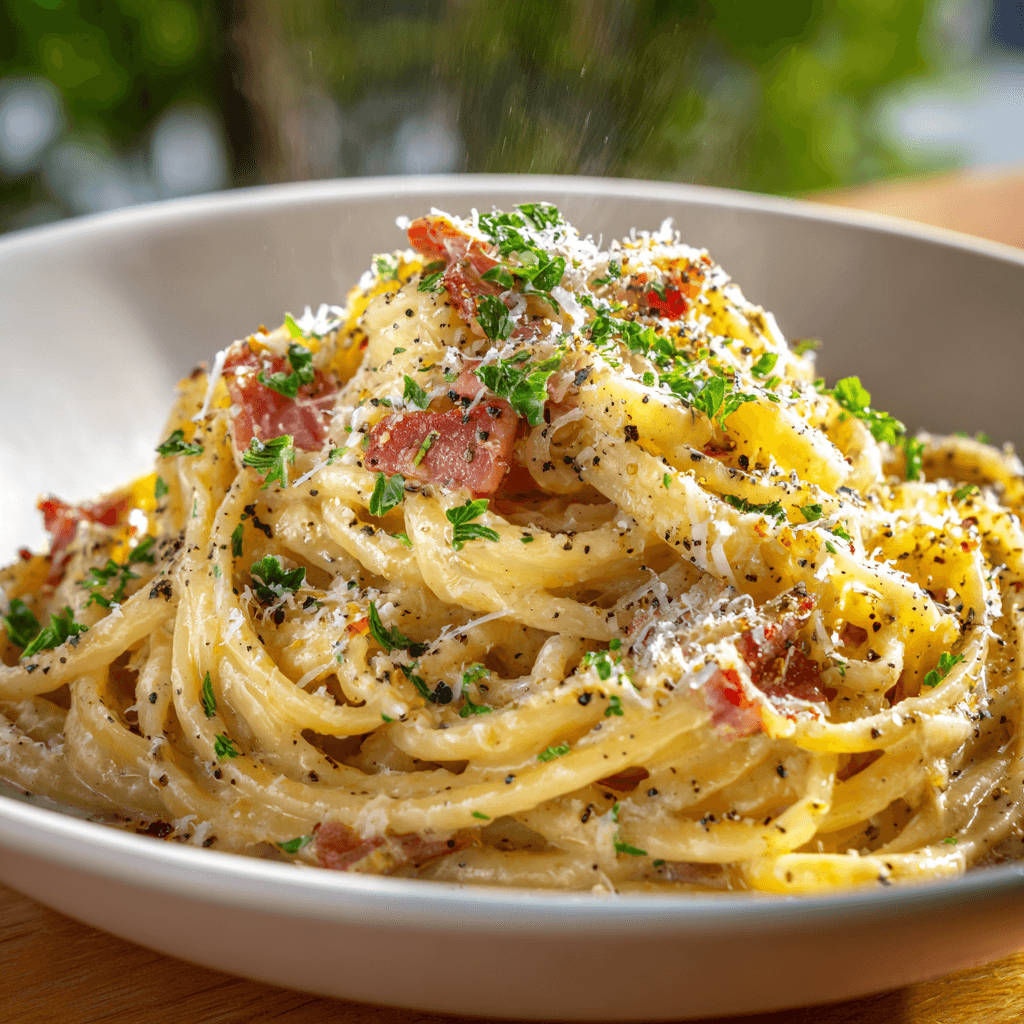 Close-up of finished Gordon Ramsay Carbonara plated and ready to serve