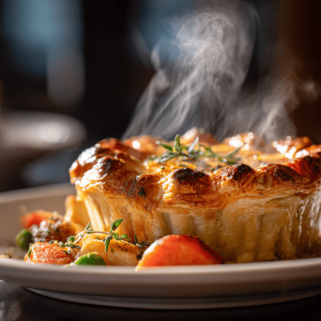 Close-up of finished Gordon Ramsay Chicken Pot Pie plated and ready to serve