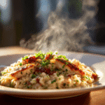 Close-up of finished Gordon Ramsay Chicken Risotto plated and ready to serve