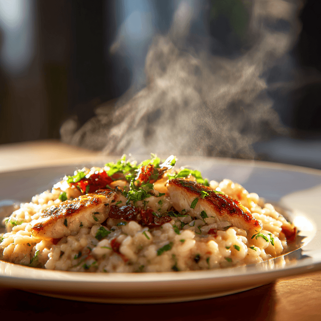 Close-up of finished Gordon Ramsay Chicken Risotto plated and ready to serve