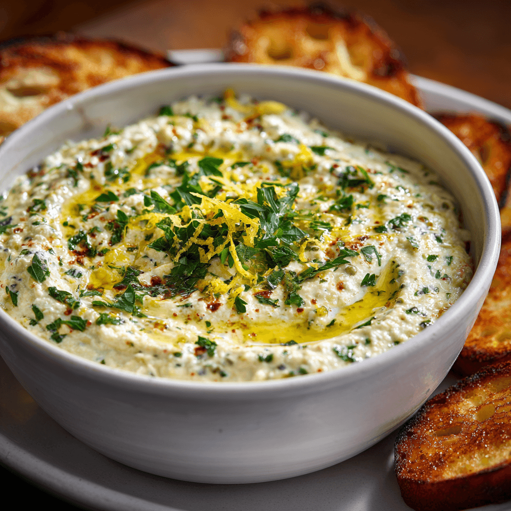 Close-up of finished Gordon Ramsay Anchovy Dip in white bowl with herbs and bread