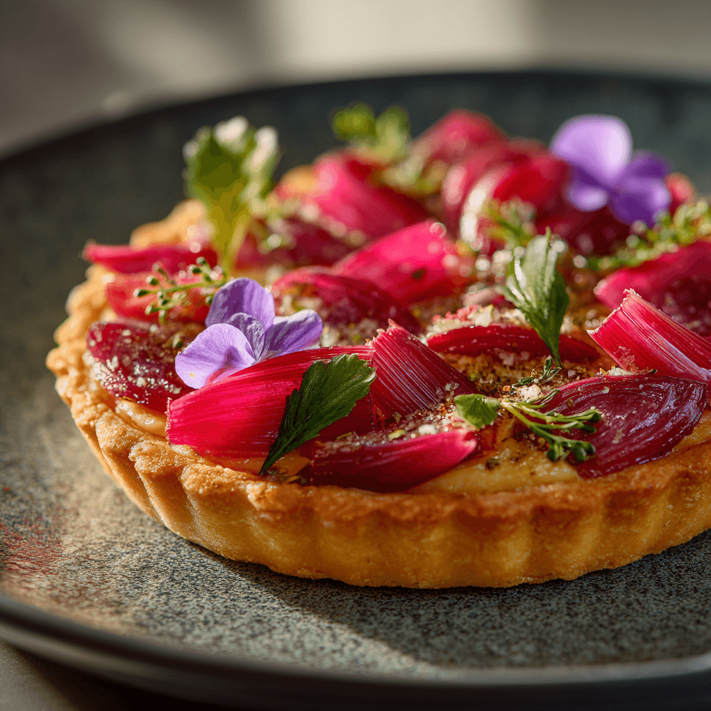Close-up of finished Gordon Ramsay Rhubarb Tart plated and ready to serve